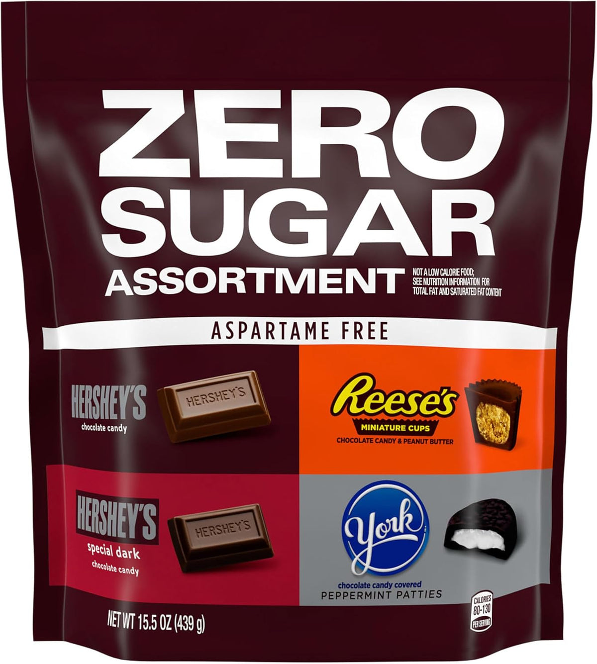 Back of the variety bag displaying the nutritional information and aspartame-free certification