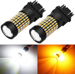 Phinlion dual color switchback LED bulbs front view showing the projector lens and premium black aluminum housing.