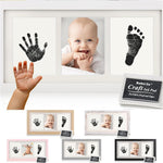 Bubzi Co baby handprint kit and footprint photo frame front view showcasing white wooden frame with newborn impressions
