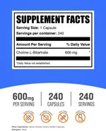 BulkSupplements Choline L-Bitartrate 240 capsules white bottle label details and nutrient serving facts.