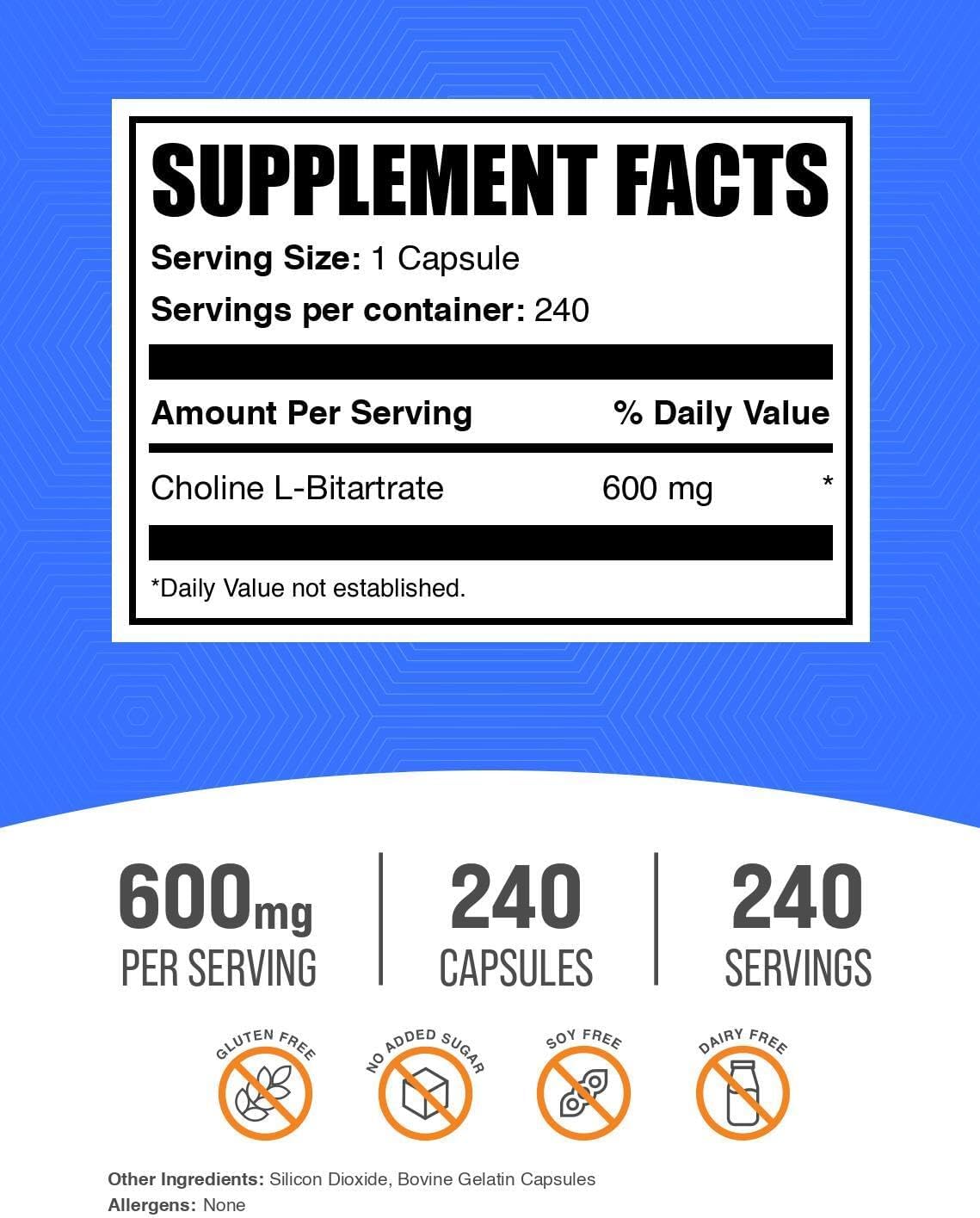 BulkSupplements Choline L-Bitartrate 240 capsules white bottle label details and nutrient serving facts.