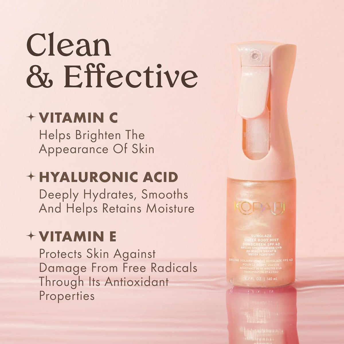 Kopari Rose Gold Sunglaze ingredients callout featuring Vitamin C and Hyaluronic Acid