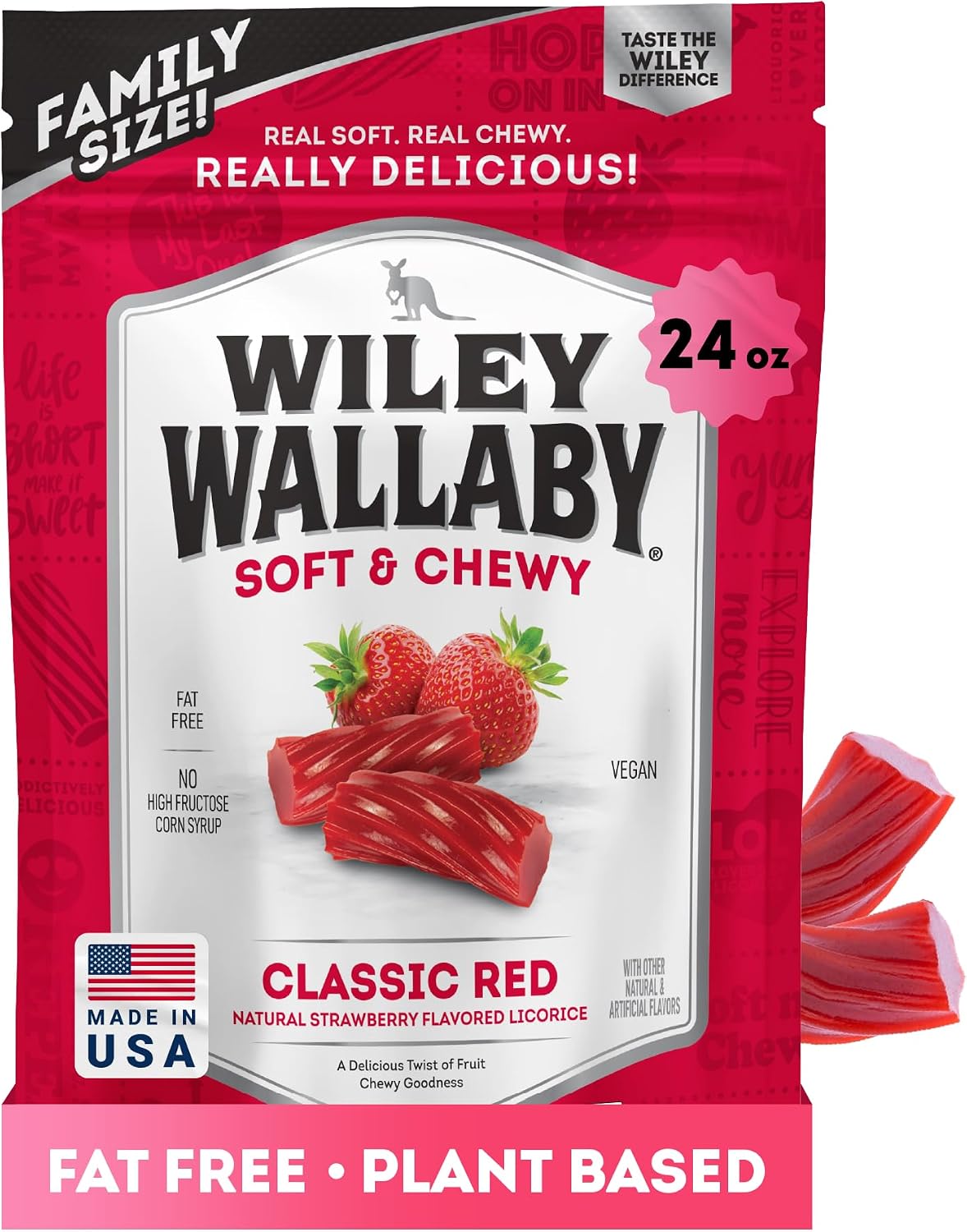 A pile of vibrant strawberry flavored gourmet soft licorice twists