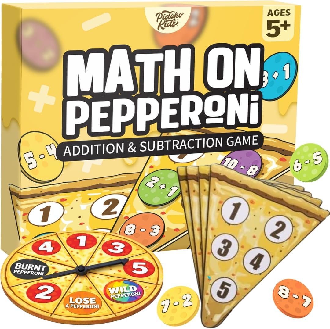 Pidoko Kids Matheroni Pepperoni math board game packaging front view showcasing pizza themed educational elements.