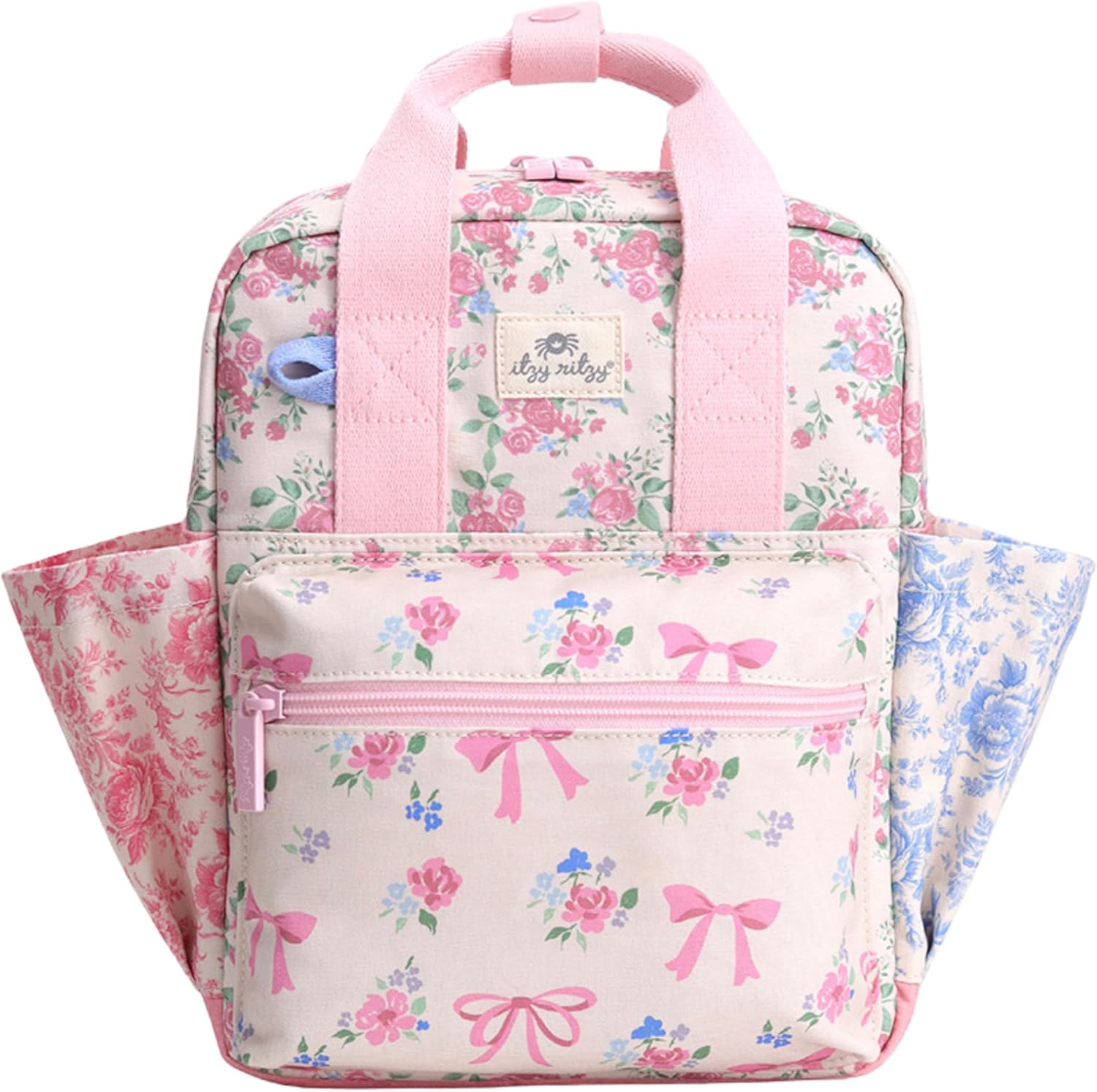 Itzy Ritzy toddler backpack front view in ribbons and roses floral print