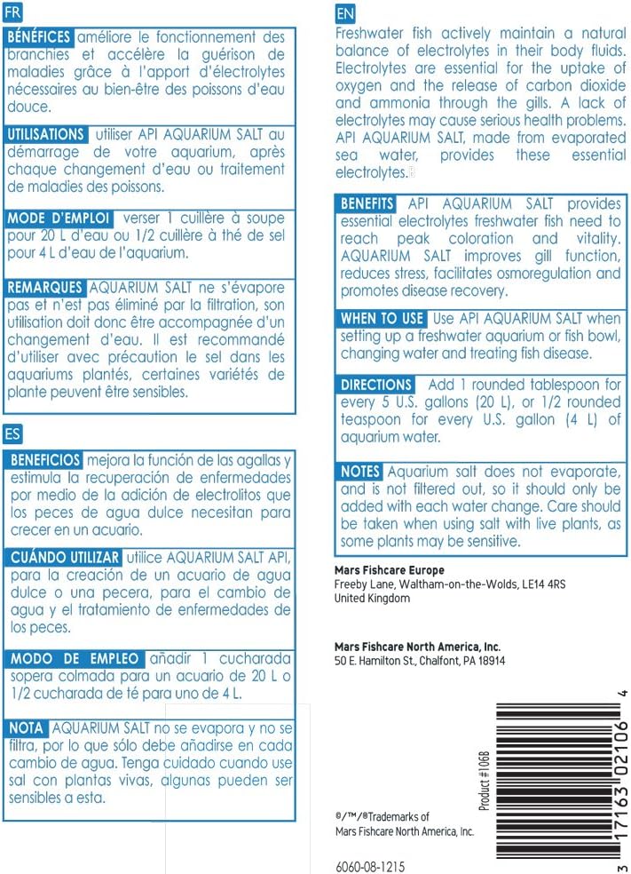 API freshwater aquarium salt box back label