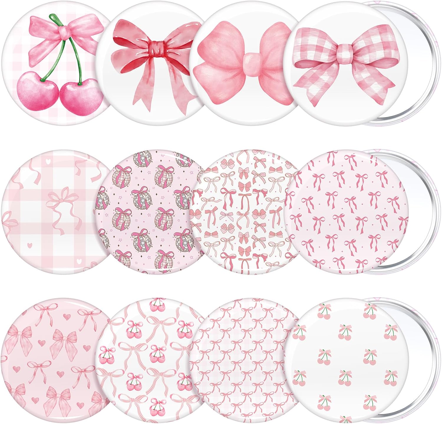 Cinnvoice coquette aesthetic compact mirror collection arranged face up showcasing diverse pink bow designs.