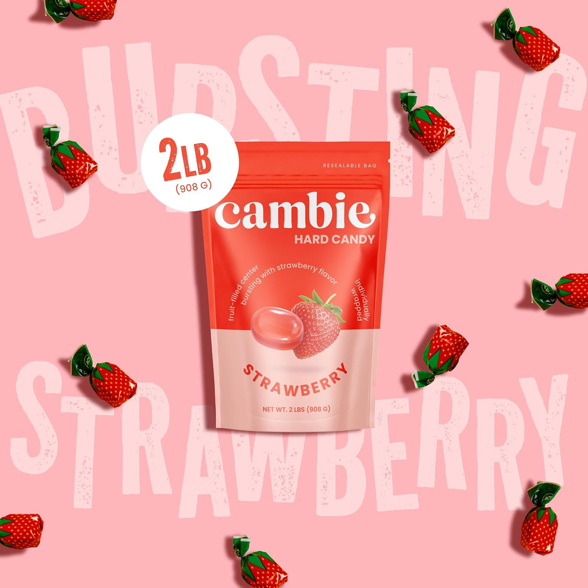 Resealable pouch of Cambie strawberry hard candy