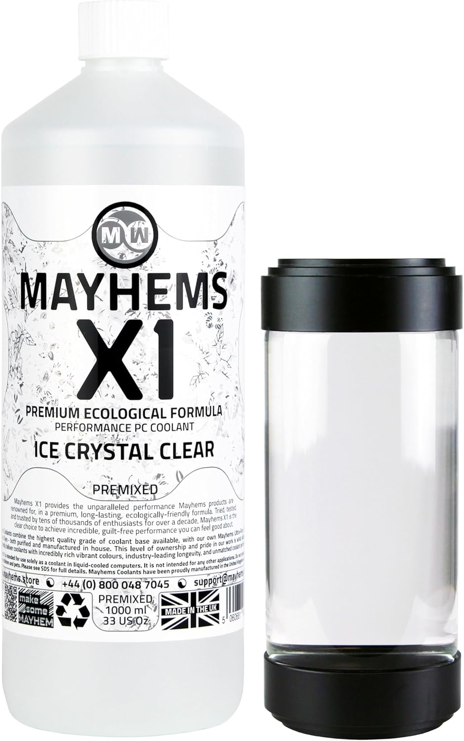 Mayhems X1 Premixed PC Coolant Ice Crystal Clear 1 Litre bottle front view for liquid cooling systems.
