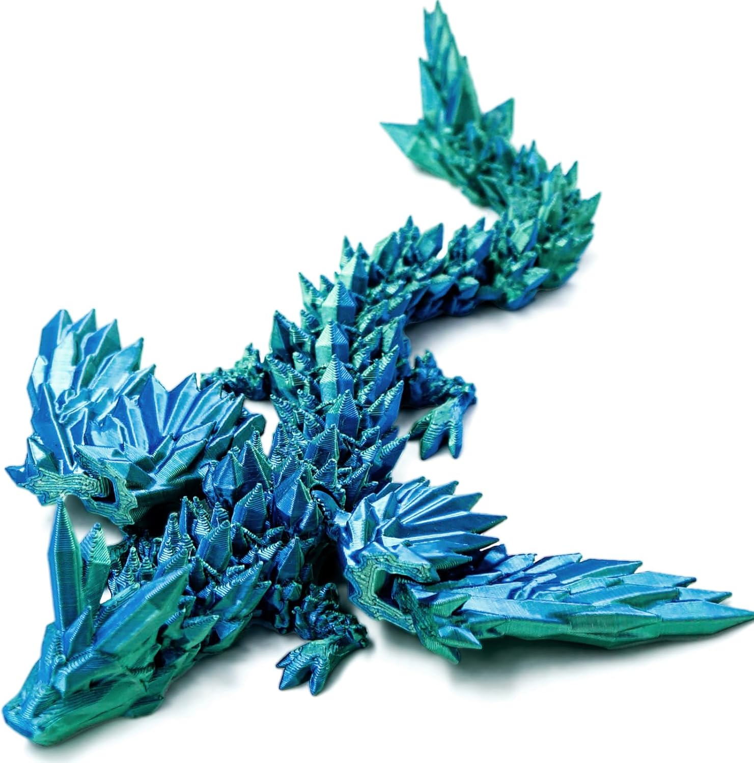 Dxldfks 3D printed articulated winged dragon blue green front view