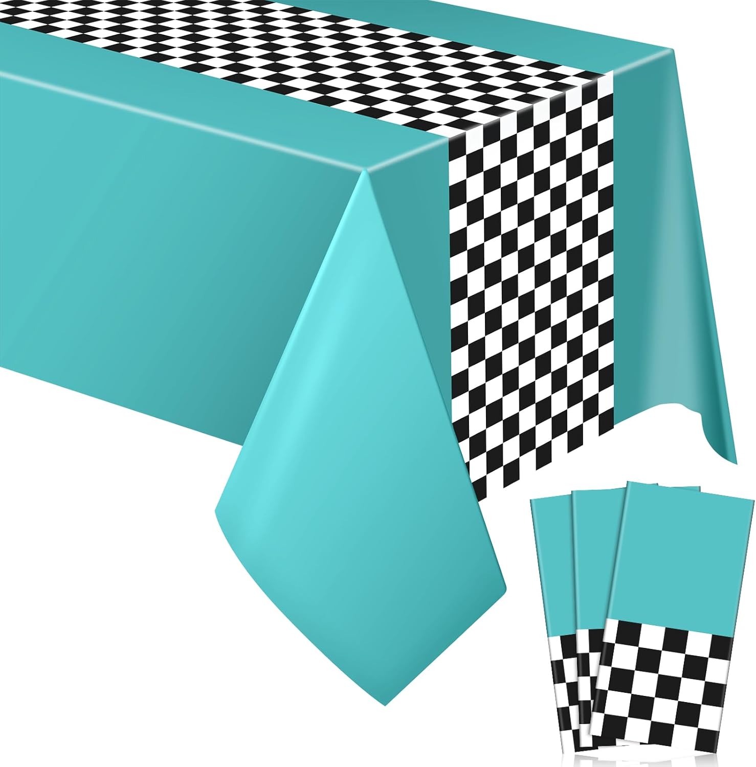 Irenare Car Birthday Party Supplies Racing Decorations front view displaying three cyan and checkered table covers.