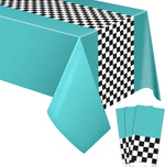 Irenare Car Birthday Party Supplies Racing Decorations front view displaying three cyan and checkered table covers.