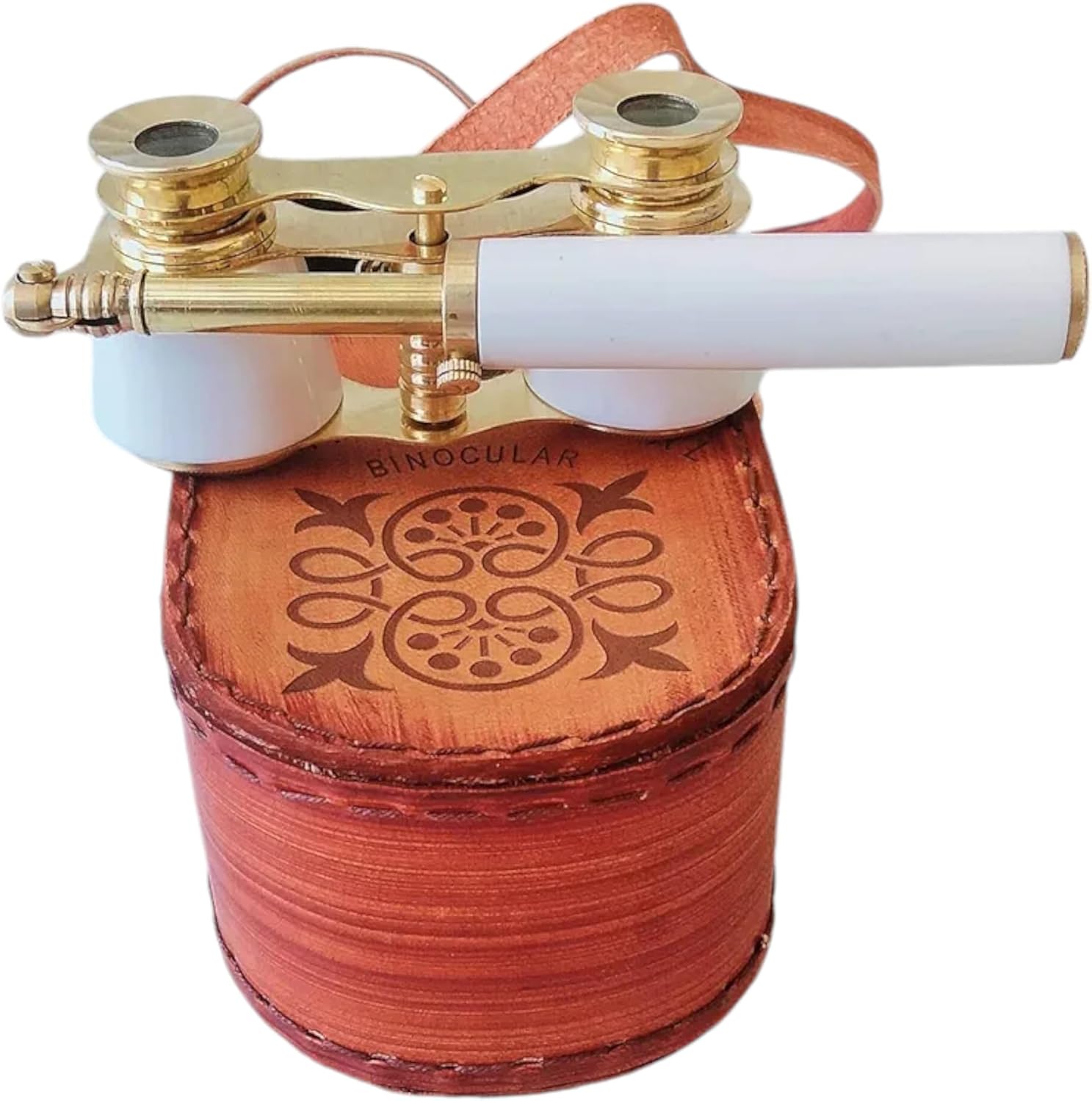 Genius Antique Handicrafts brass opera glasses front view showing shiny brass body and white resin details