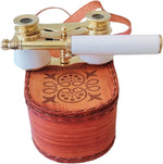Genius Antique Handicrafts brass opera glasses front view showing shiny brass body and white resin details