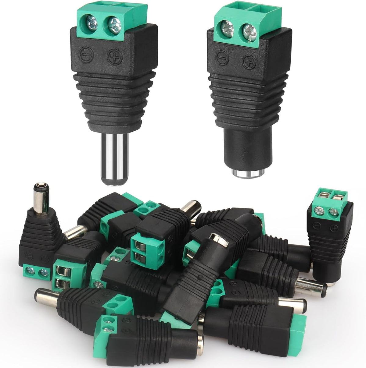 VWEICYY DC adapter plug front view showing male and female power connectors.