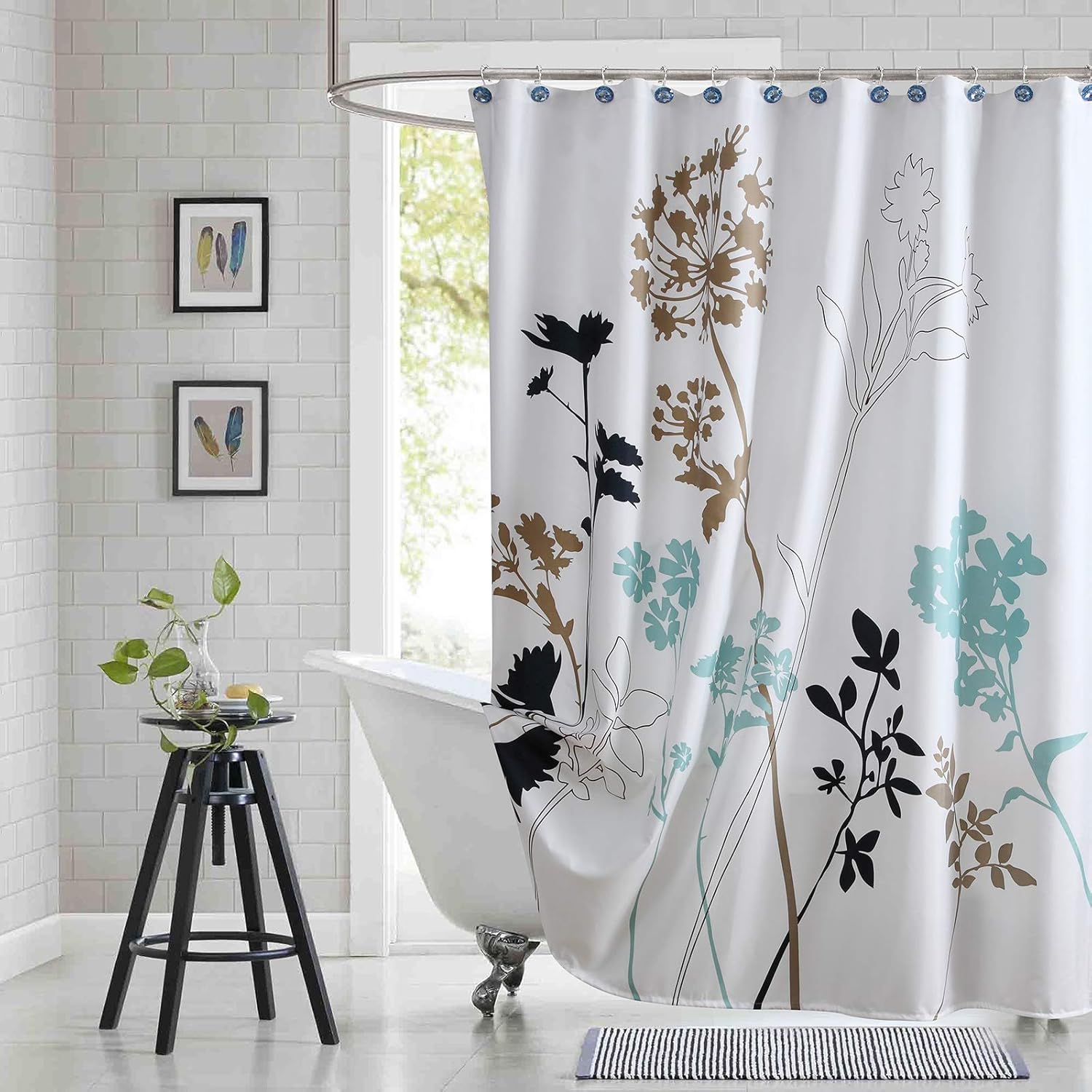 Bestripes fabric floral shower curtain front view hanging in modern bathroom