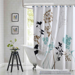 Bestripes fabric floral shower curtain front view hanging in modern bathroom