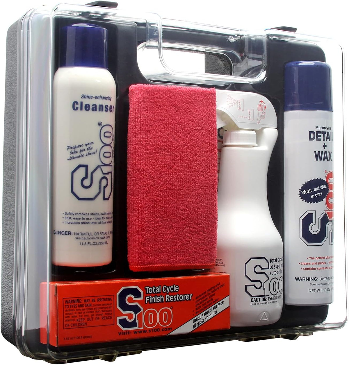 S S100 Total Cycle Cleaner and spray bottles included in the detailing kit