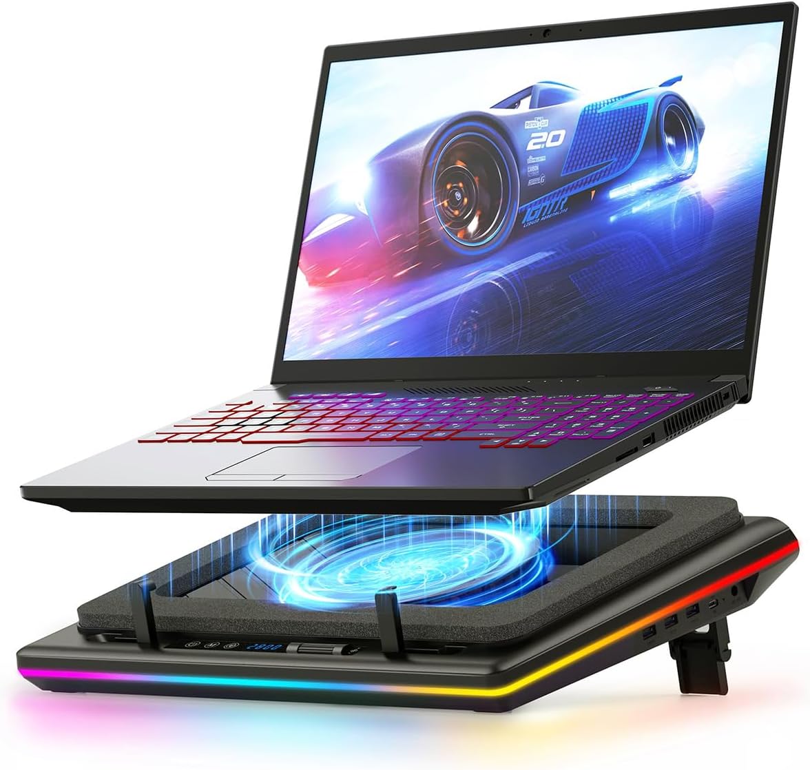 Llano V12 RGB gaming laptop cooling pad front view highlighting the central 5.5 inch turbofan and memory foam sealing ring