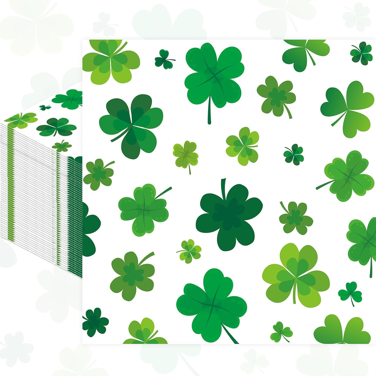 Jremreo Saint Patricks Day shamrock paper napkins pack front view showing green lucky clover motifs