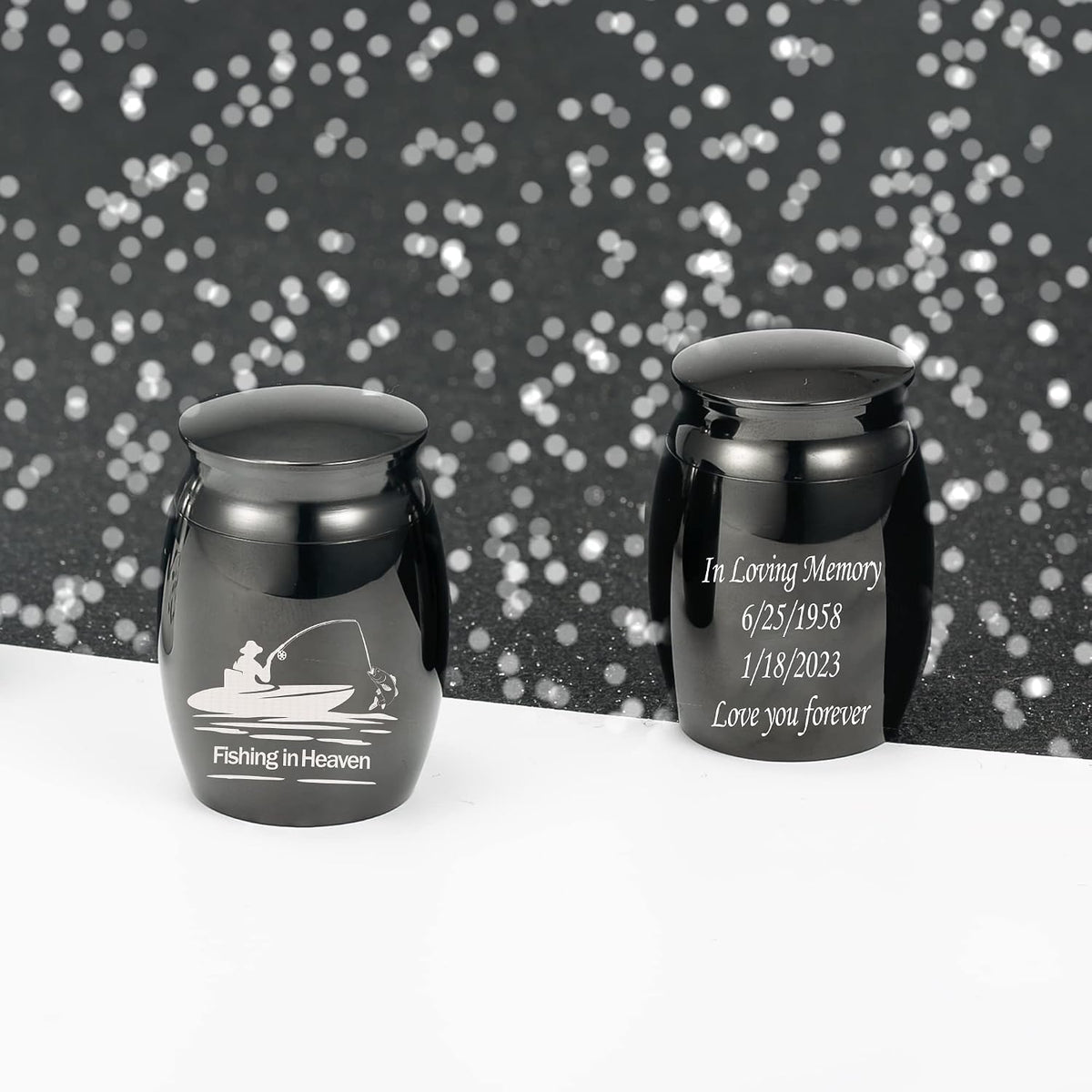 Gredstar memorial jar with engraved fishing silhouette detail