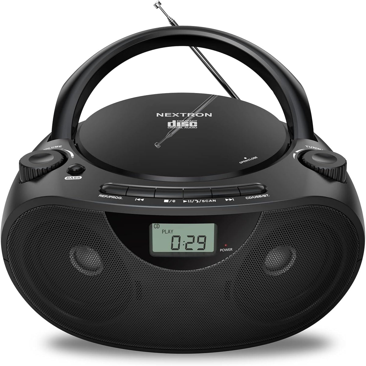 Nextron portable Bluetooth CD player boombox front view with top loading tray.