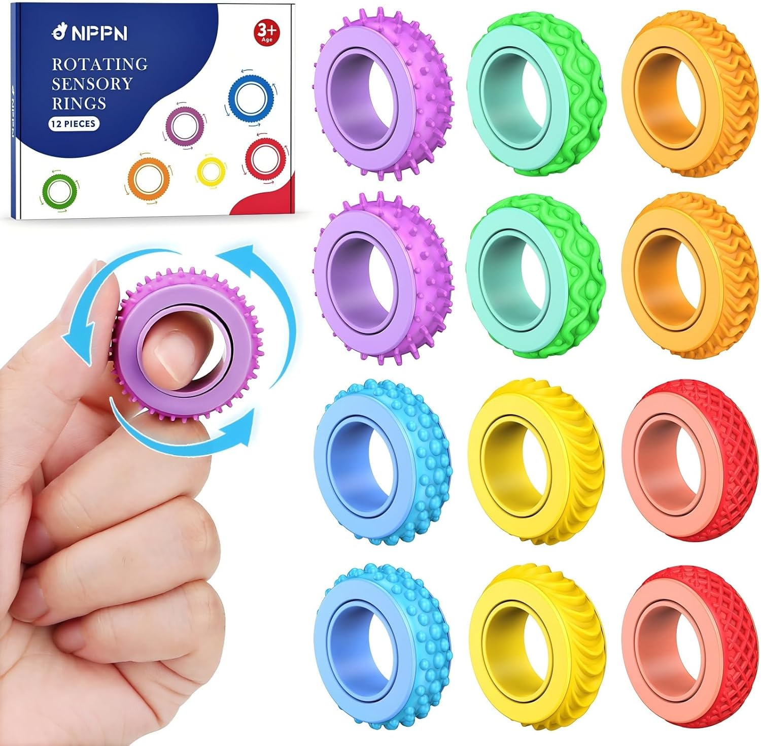 MKXPWMKS sensory fidget rings twelve piece pack front view displaying diverse bright colors