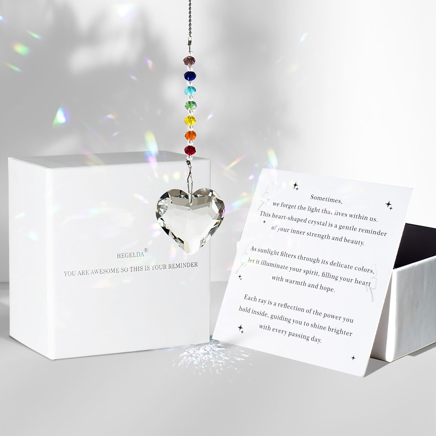 Hegelda crystal suncatcher front view with heart prism