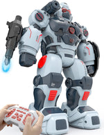 Toylefun Defender smart RC robot front view with remote