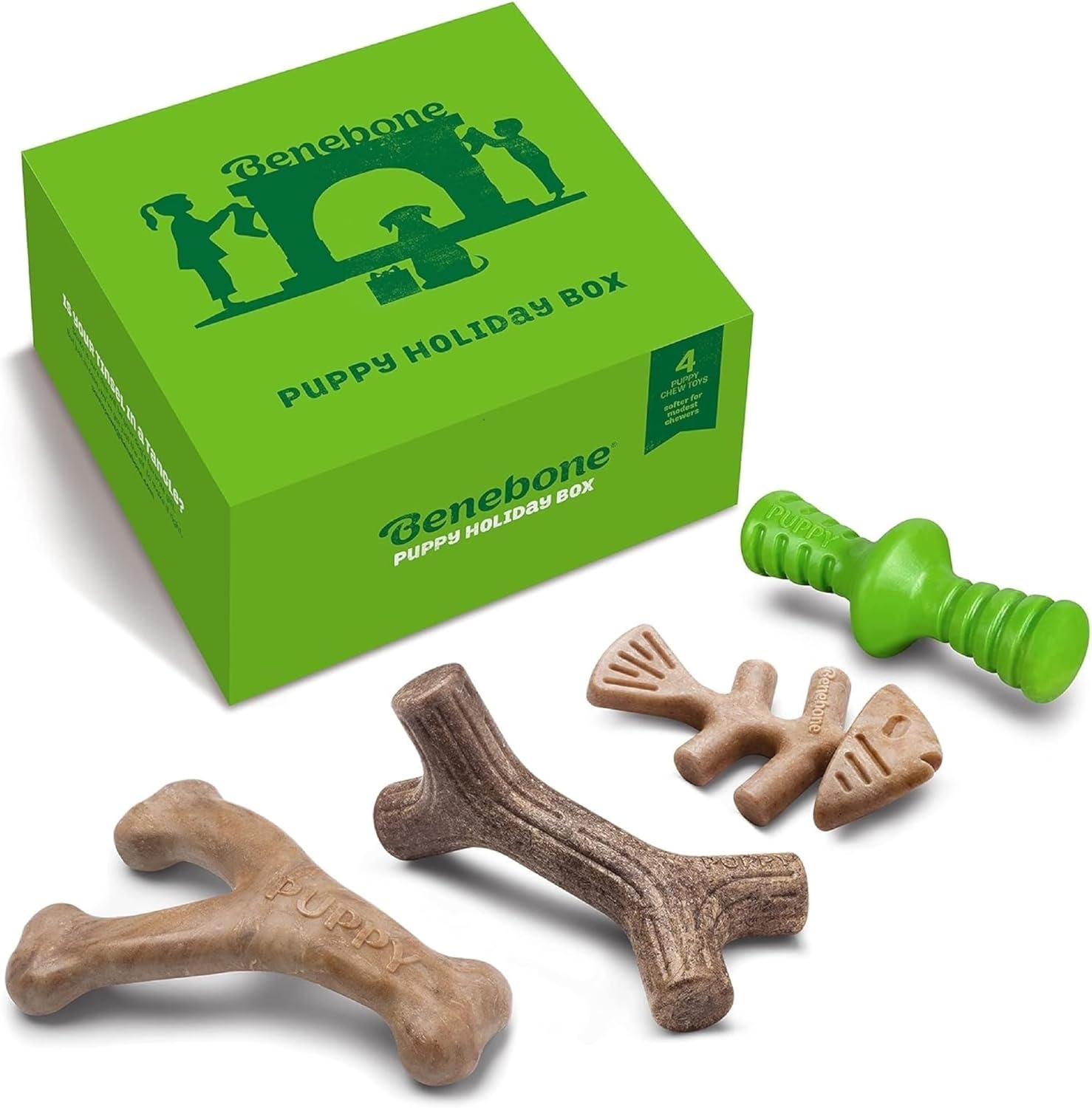 Benebone Puppy Holiday Four Pack Dog Chew Toys front view showcasing the variety of four shapes.