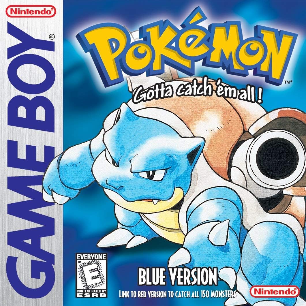 Nintendo Pokemon Blue Version original Game Boy cartridge front view showing authentic Blastoise artwork box design.