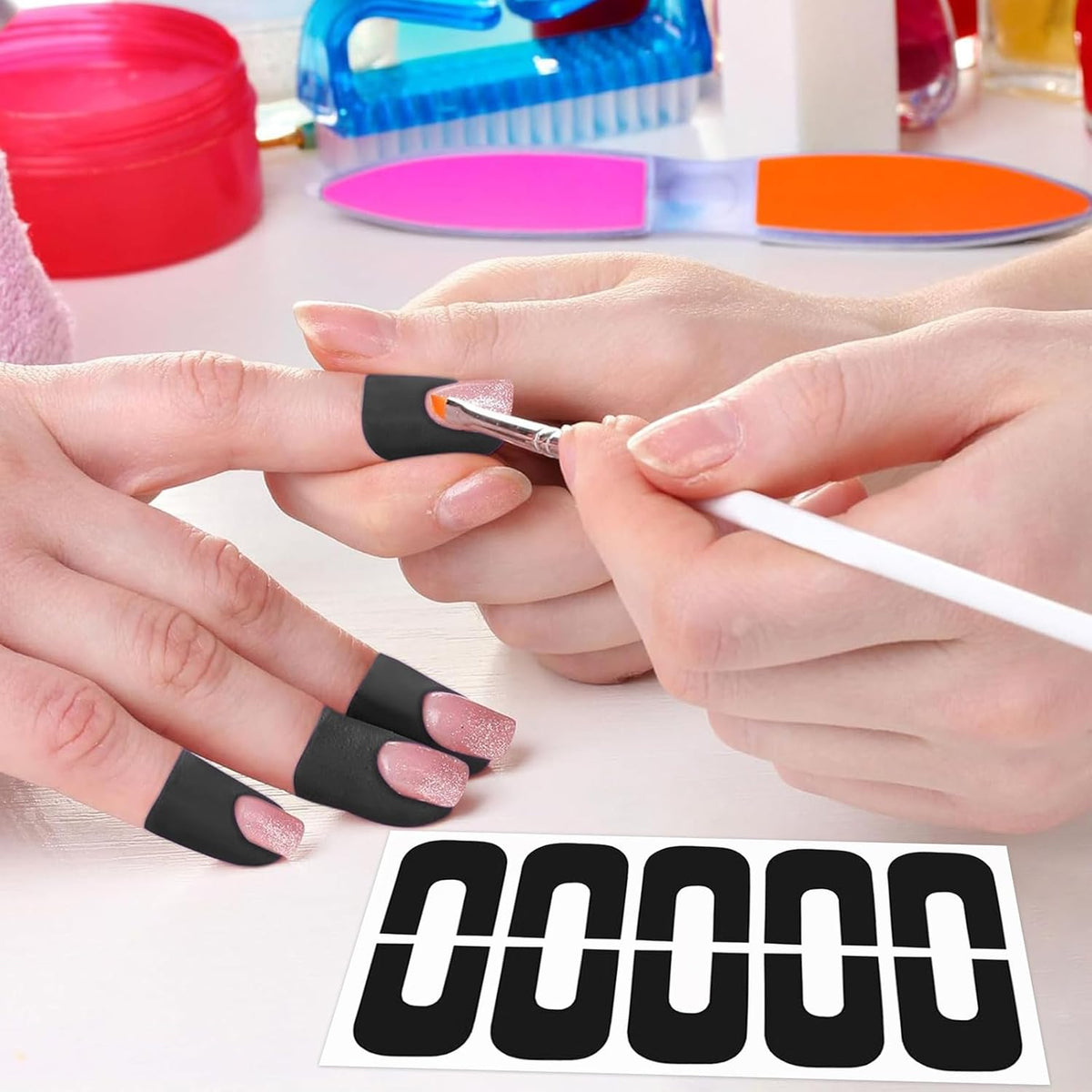 NAILWIND U Shape Nail Polish Protector front view showing black reusable stencils for cuticle guard protection