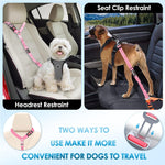 Dog wearing harness connected to Lukovee safety leash in car