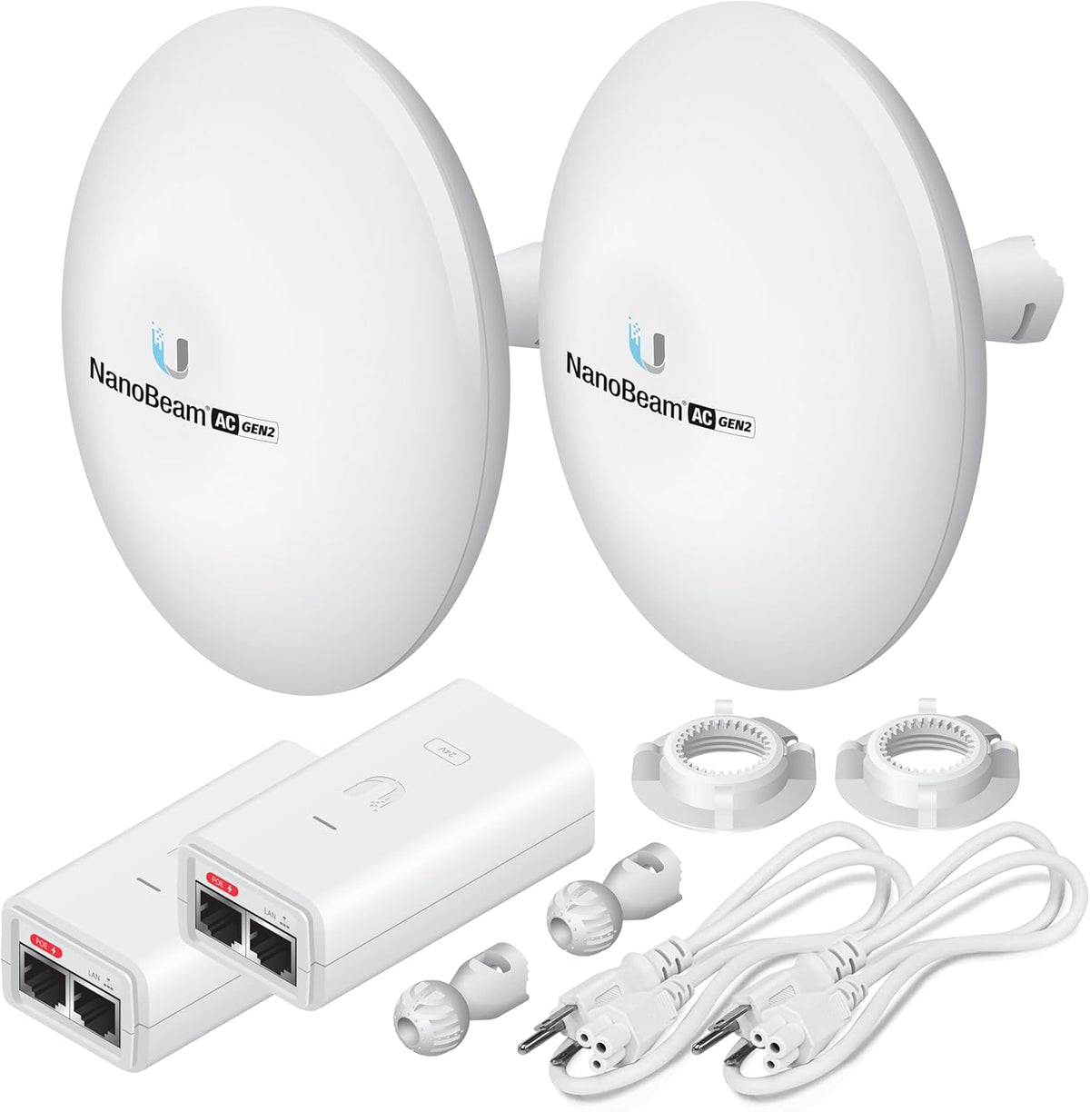 Good Story Ubiquiti NanoBeam 5AC Gen2 wireless bridge front view showing compact outdoor point to point design.