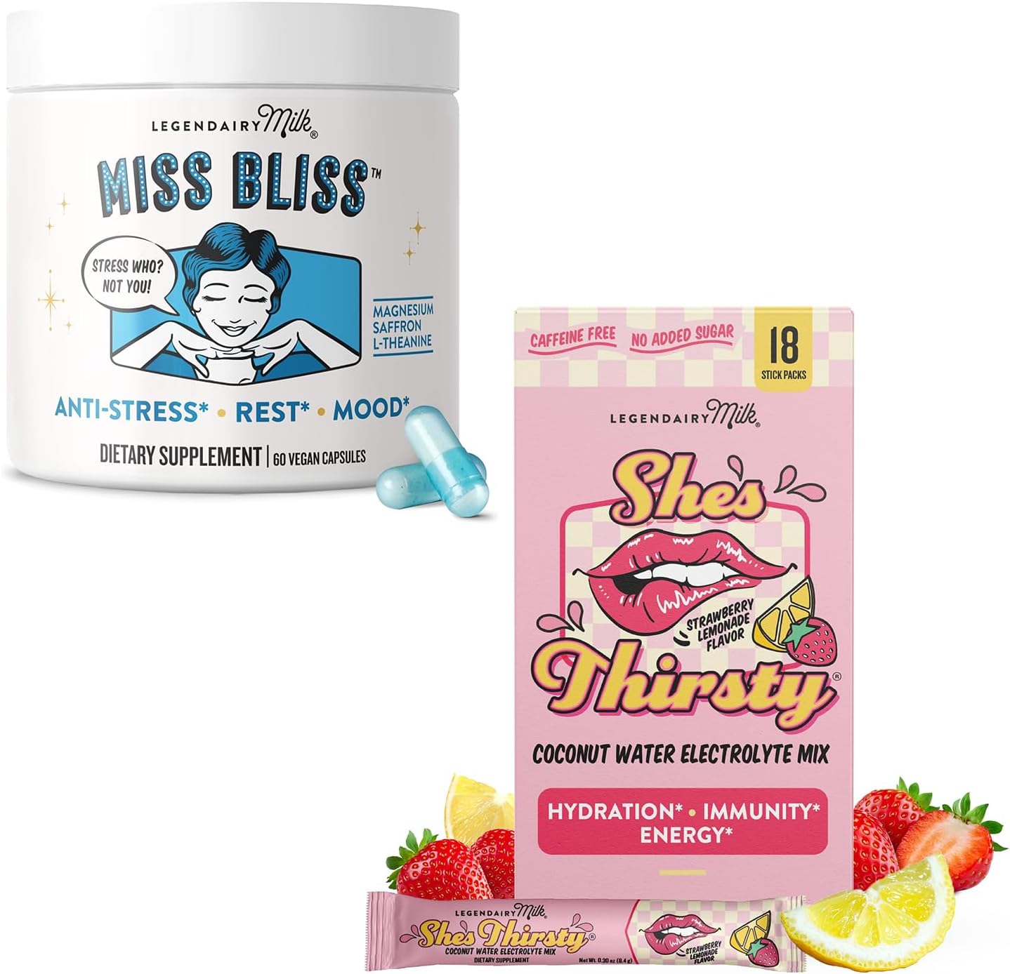 Legendairy Milk hydration packets and stress capsules front view bundle for women wellness