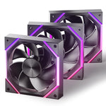 AsiaHorse Nyota A12 120mm PC case fan three pack front view displaying black frames and angular addressable RGB lighting strips.