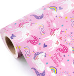 WRAPAHOLIC pink unicorn birthday wrapping paper roll front view showcasing whimsical pattern