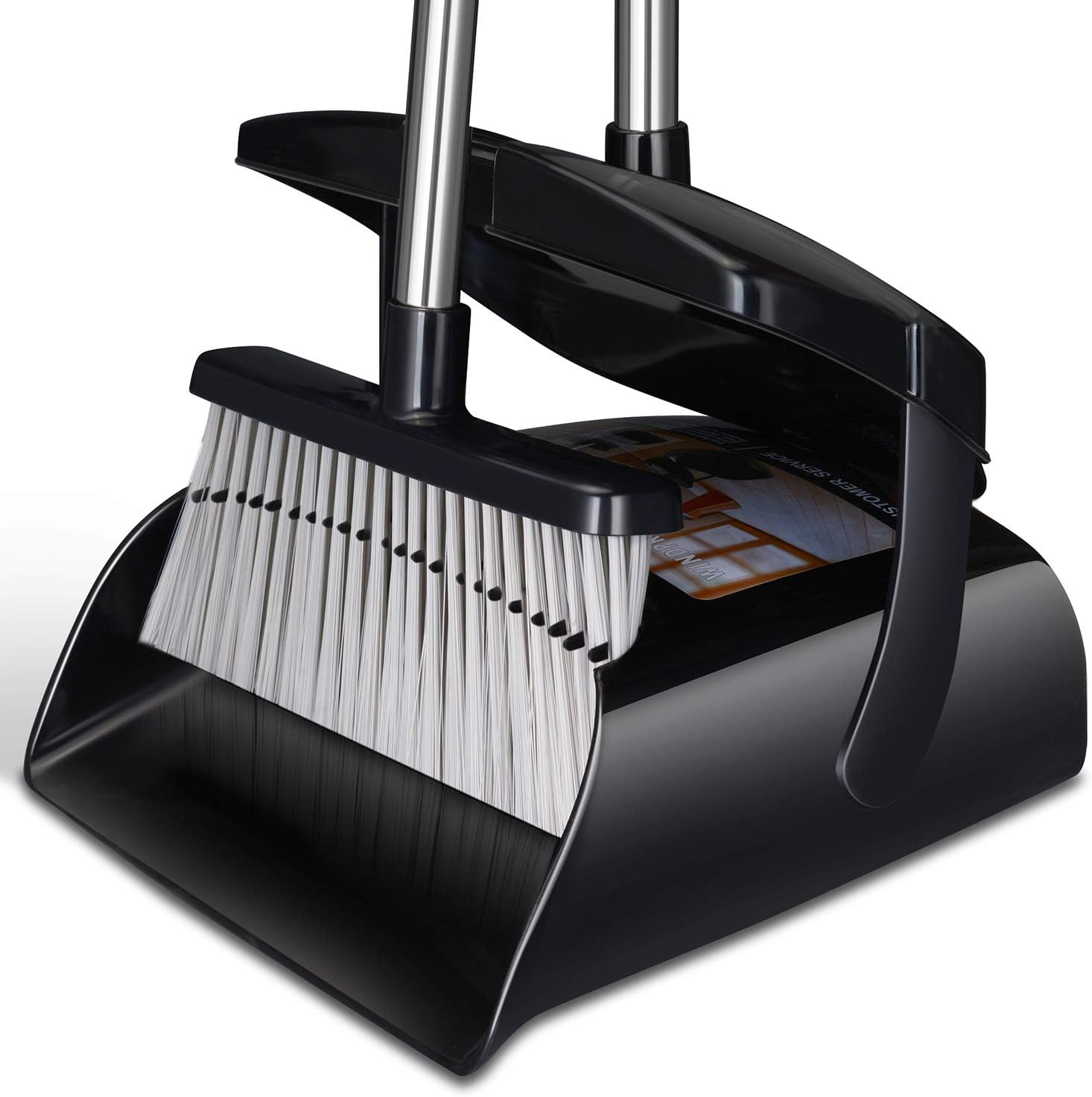 Beimu Upright Broom and Dustpan Set front view showing long handles.