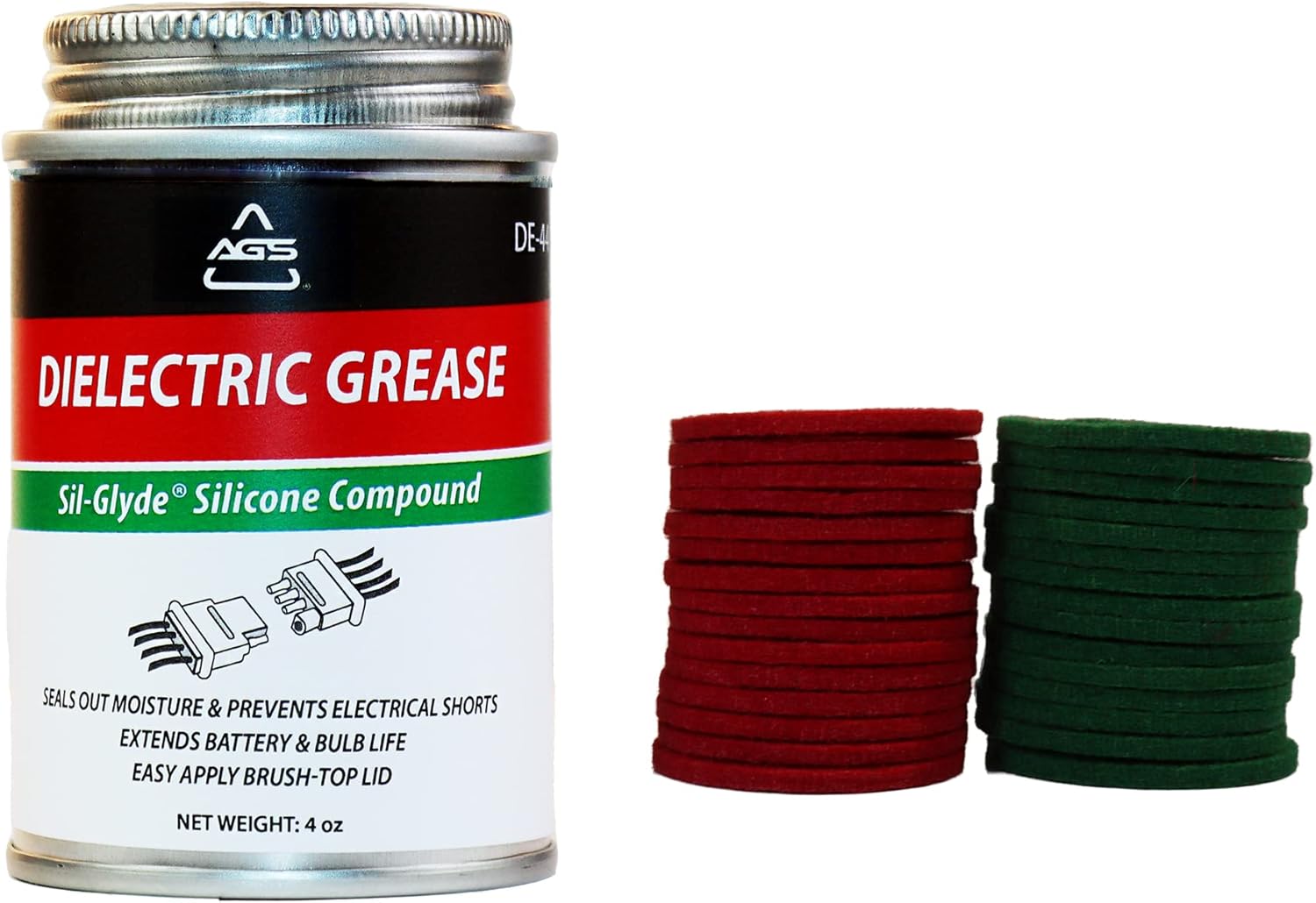 AGS Automotive Solutions Dielectric Silicone Grease Kit front view showcasing the four ounce brush top can and color coded washers