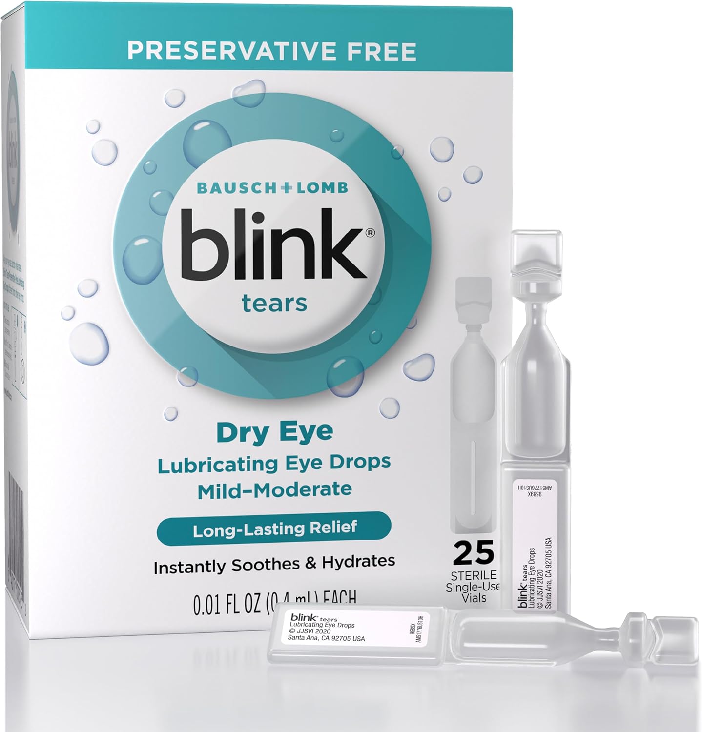 Blink Tears Preservative Free Lubricating Eye Drops front packaging showing 25 count vials.