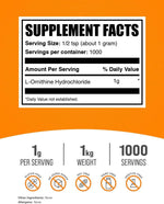 BulkSupplements L-Ornithine Hcl powder supplement facts label