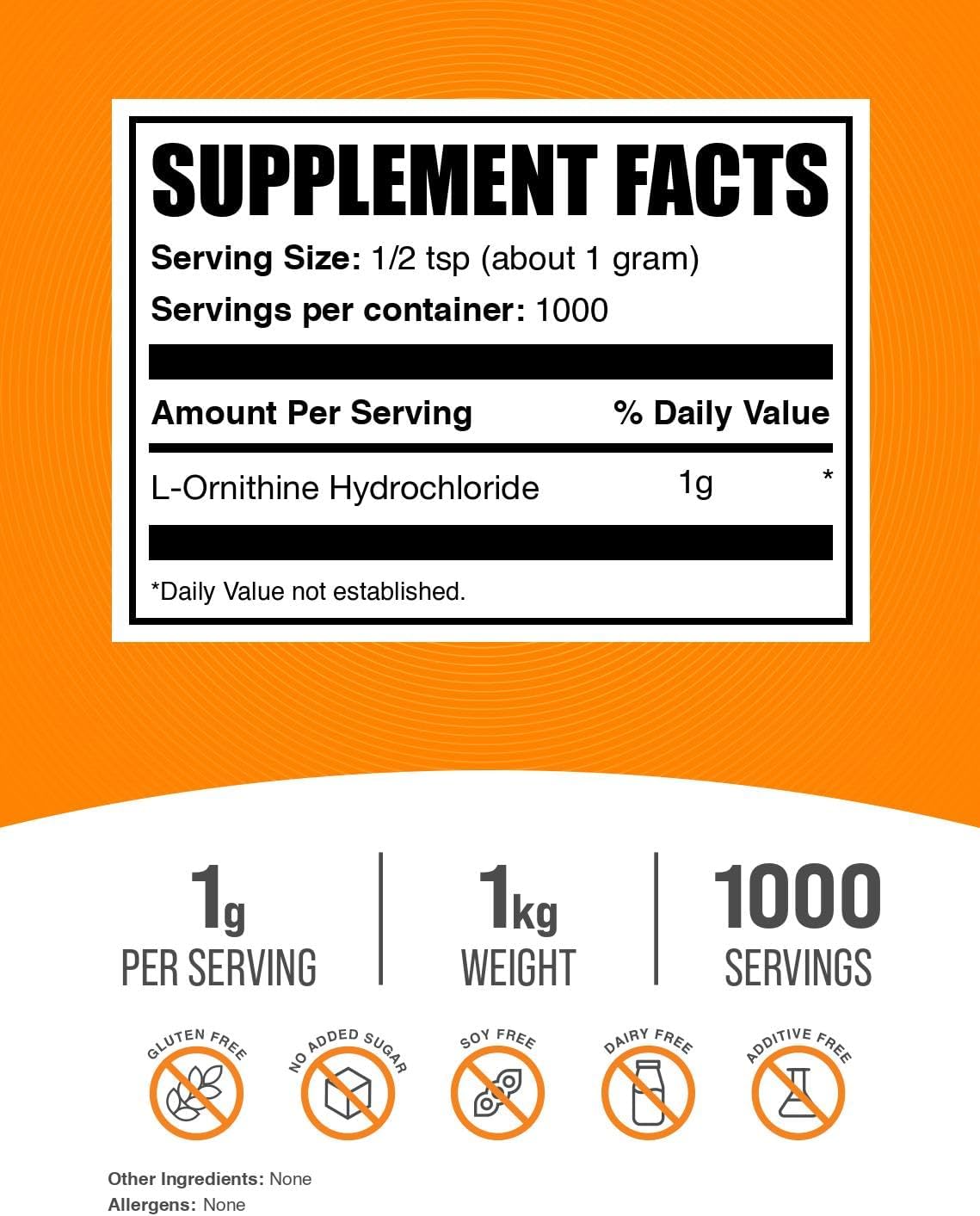 BulkSupplements L-Ornithine Hcl powder supplement facts label