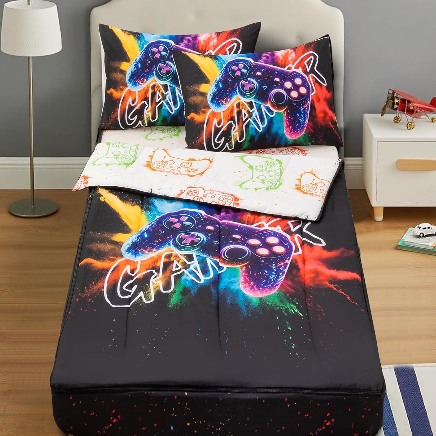 A Nice Night kids game console zippered comforter set front view on twin bed