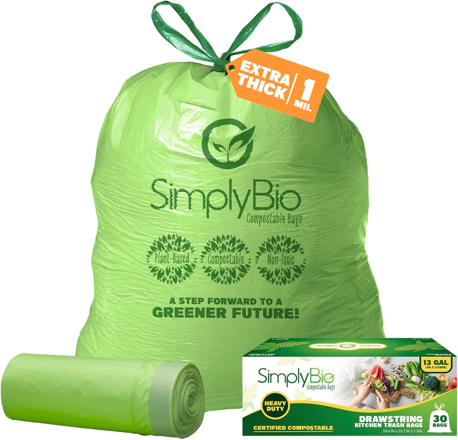 Simply Bio 13 Gallon Compostable Trash Bags front packaging showing drawstring feature and eco certifications.