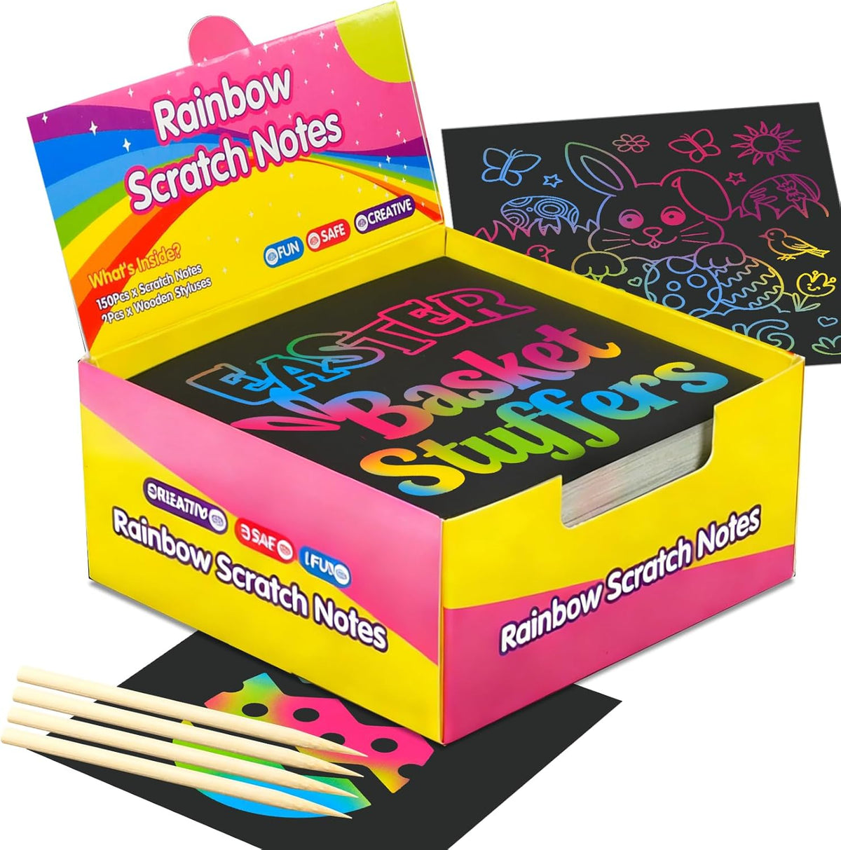 MEUOFLANMEE rainbow scratch art paper mini notes pack front view showcasing creative kids drawing kits