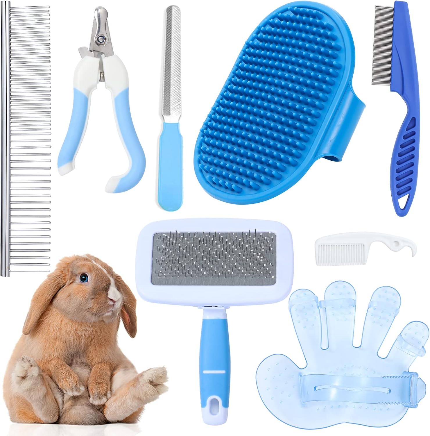 DAMPET 8 piece small animal grooming kit front view featuring blue and white pet care tools.