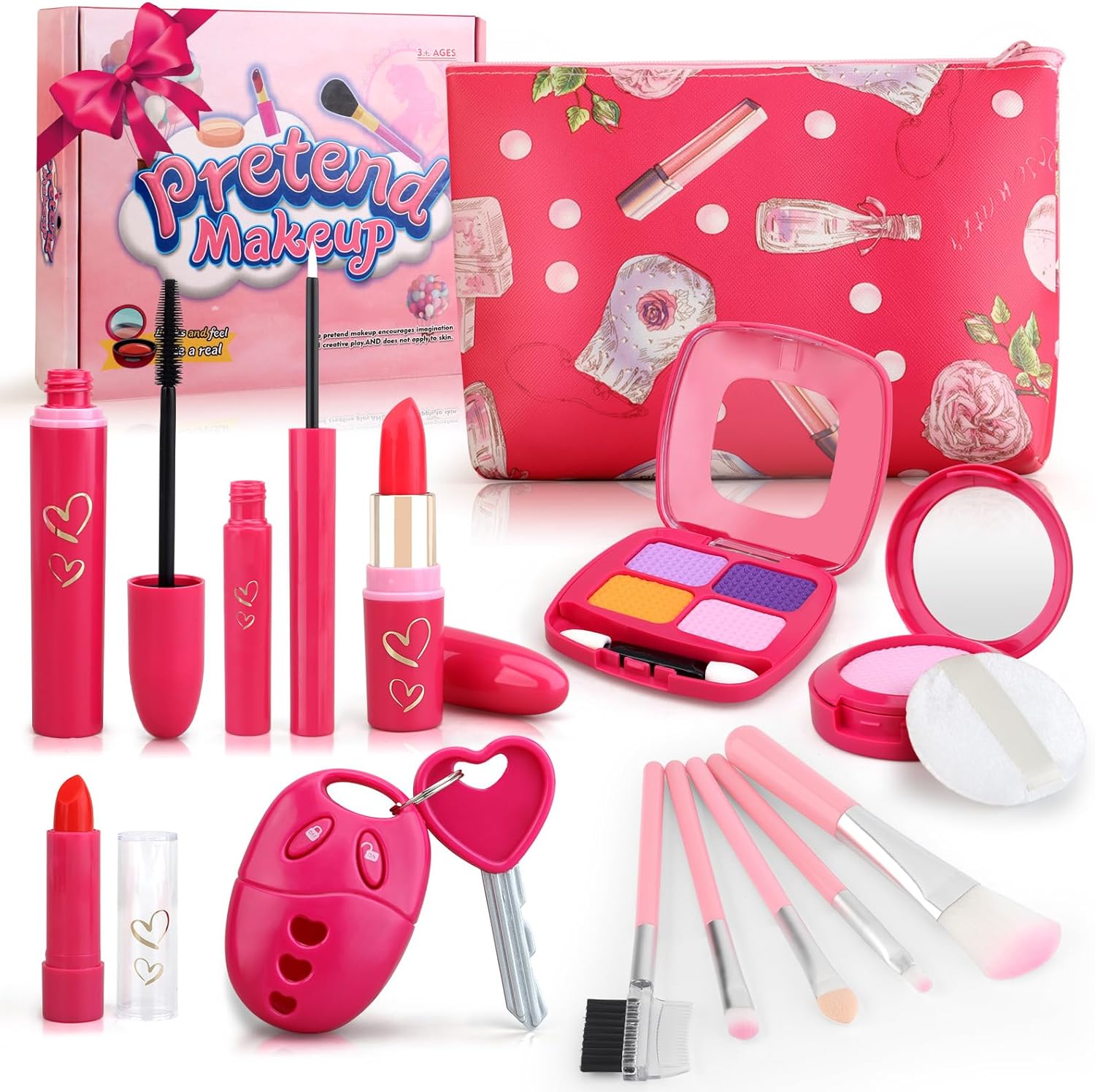 Woumserta toddler girl pretend makeup kit front view with open pink cosmetic bag and play accessories