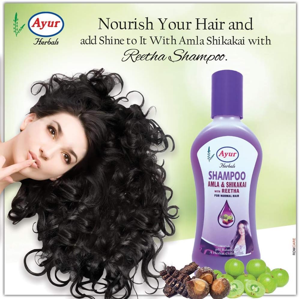 Ayur herbal shampoo bottle back label ingredients detail view