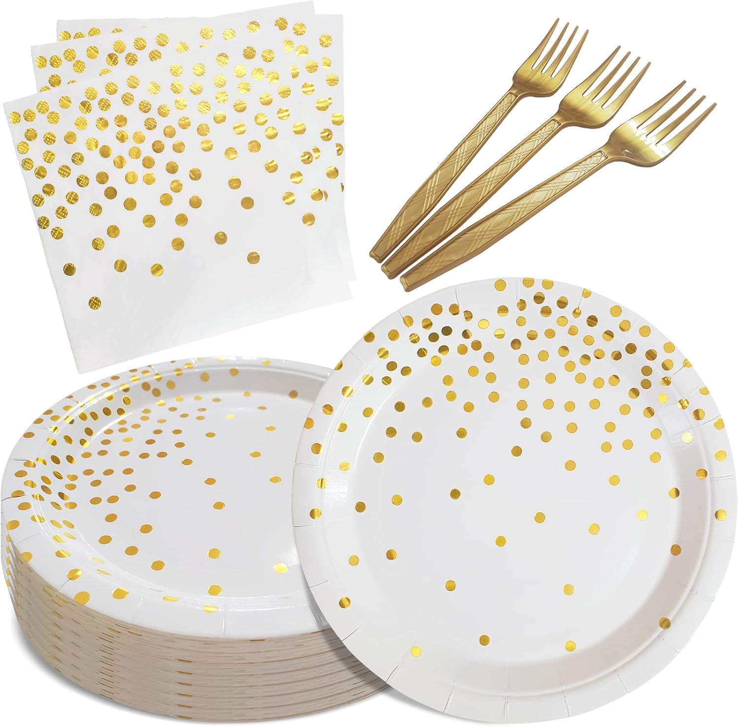 WXLDGHQ White and Gold Paper Plates and Napkins set front view for parties.