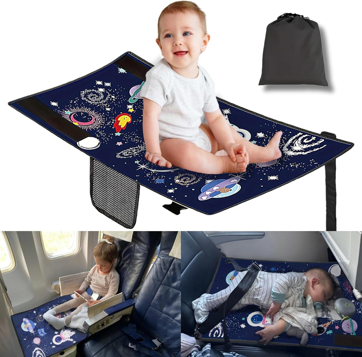 JUELWRY non inflatable toddler airplane bed blue front view shown extended on a flight seat.